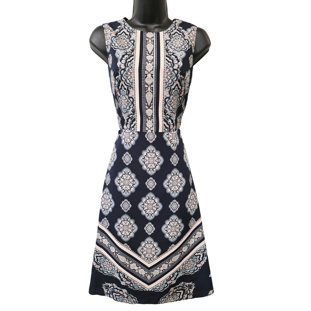 Ann‎ Taylor Navy Blue Medallion Tile Print Sleeveless Fit Flare Dress Size 4